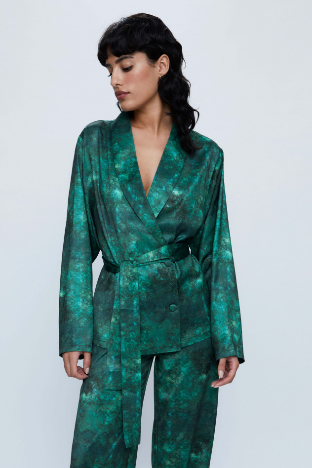 fluid suit blazer with green print and belt